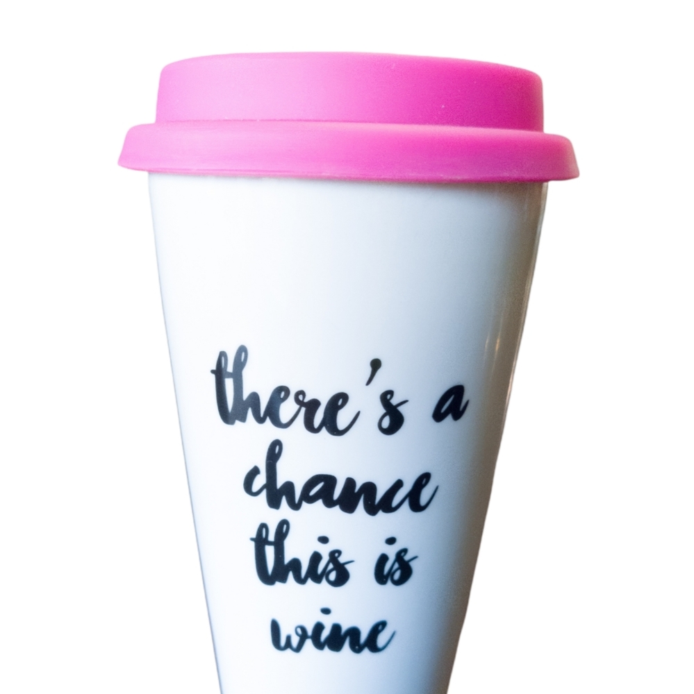 Charming Charlie Coffee Tumbler Ceramic White & Pink Drink Cup